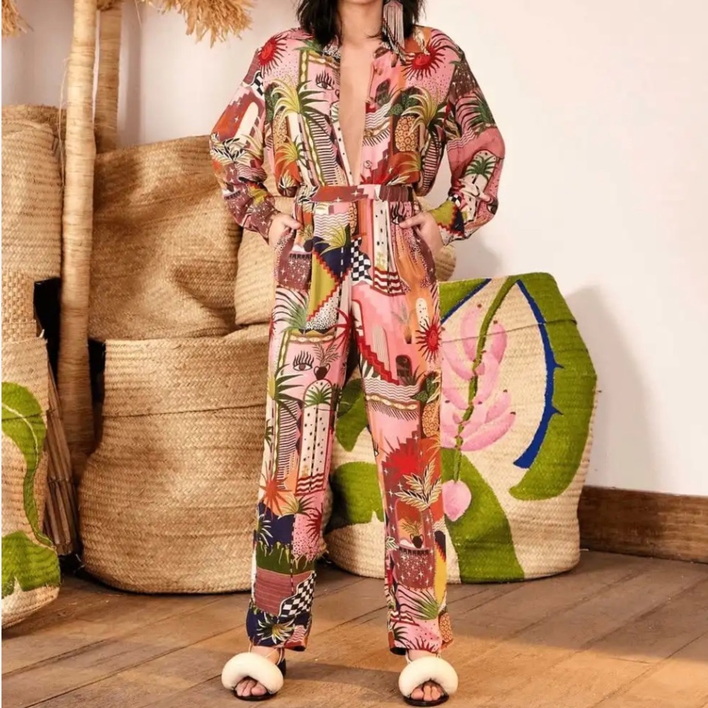 Farm Rio Mystic City Pink Wrap Jumper Jumpsuit - XS